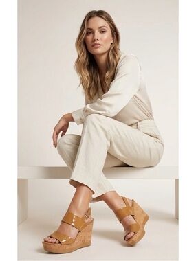 Franco Sarto Genuine Leather Patent Wedge Sandal Neutral Tan Size